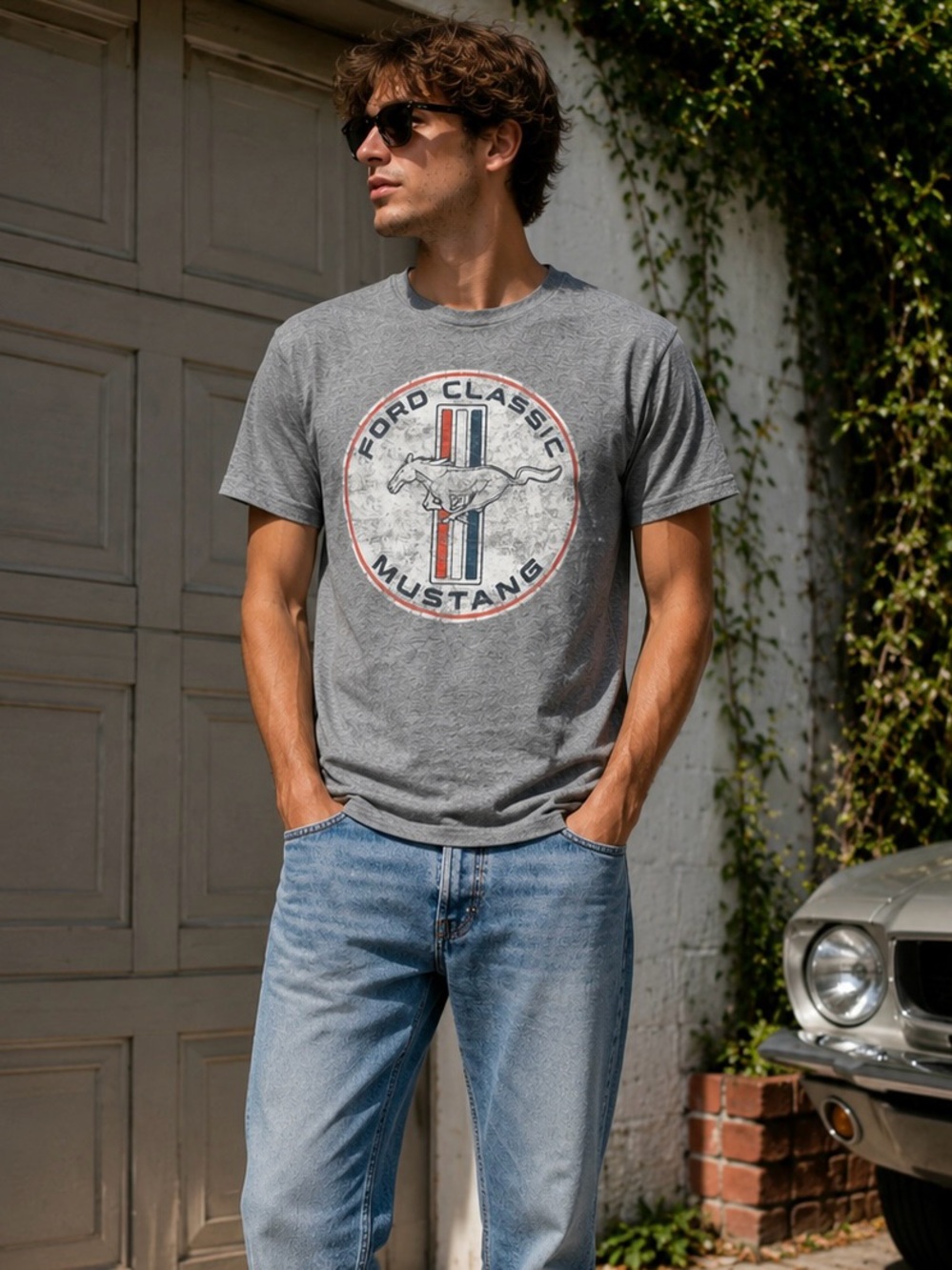 Ford Classic Mustang Graphic Tee Gray Adult Medium Distressed Retro T-Shirt - Picture 3 of 8